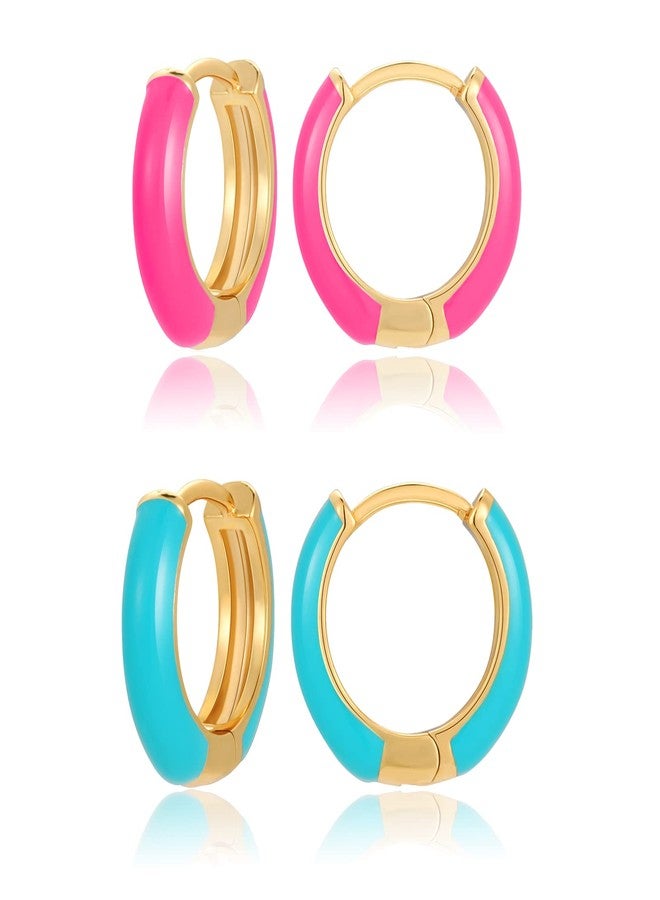Lourny Small Hoop Enamel Earrings for Women, 18K Gold Plated Colorful Hypoallergenic Cute Cubic Zirconia Huggie Earring Gifts for Women (Neon Pink & Blue) - Image 1
